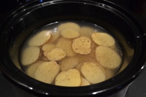 Chicken stock, spuds and pepper. If you do salt this would be the time to add it.